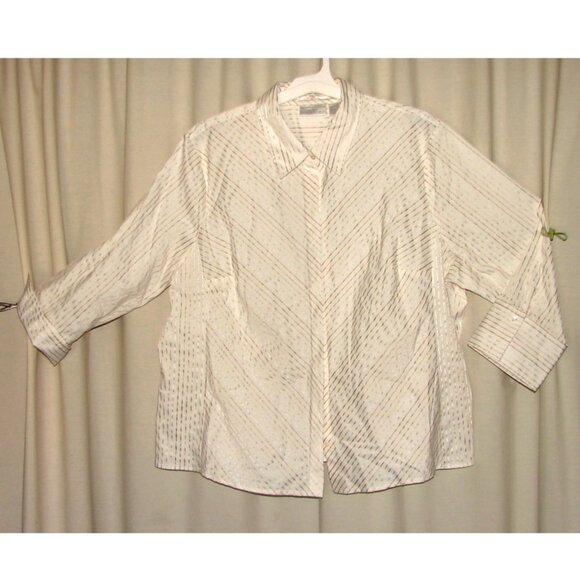 Worthington Woman Stretch Button Front SHIRT, 3X, White w/Gold Stripe NWOT - Picture 2 of 11